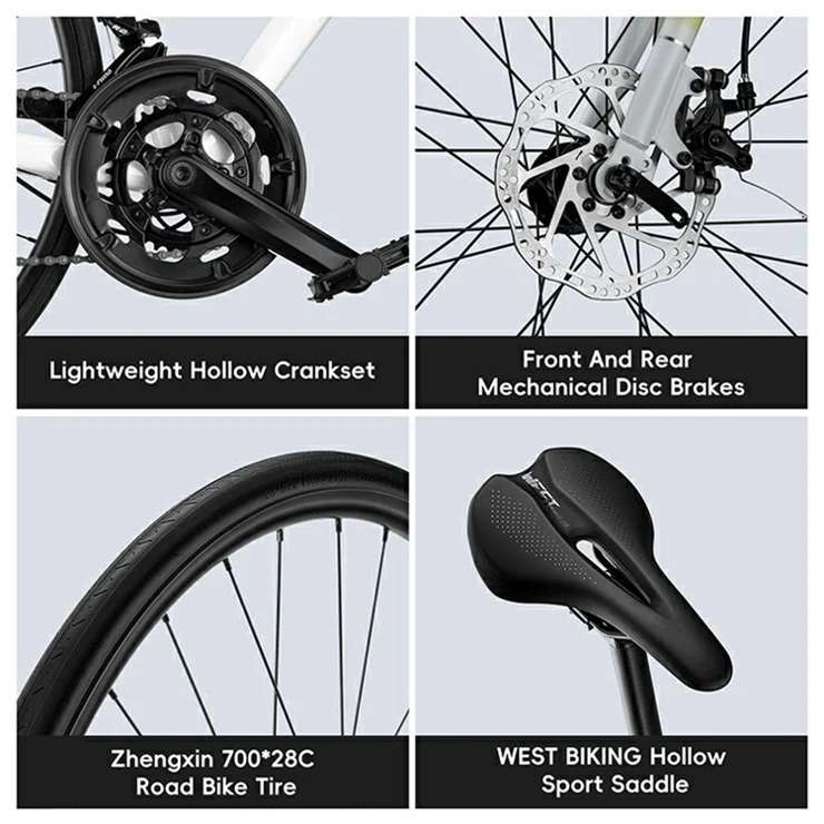 WEST BIKING JX100 700C Road Bike Lightweight Aluminum Alloy Disc Brake Bicycle for 165 - 178cm Height - White