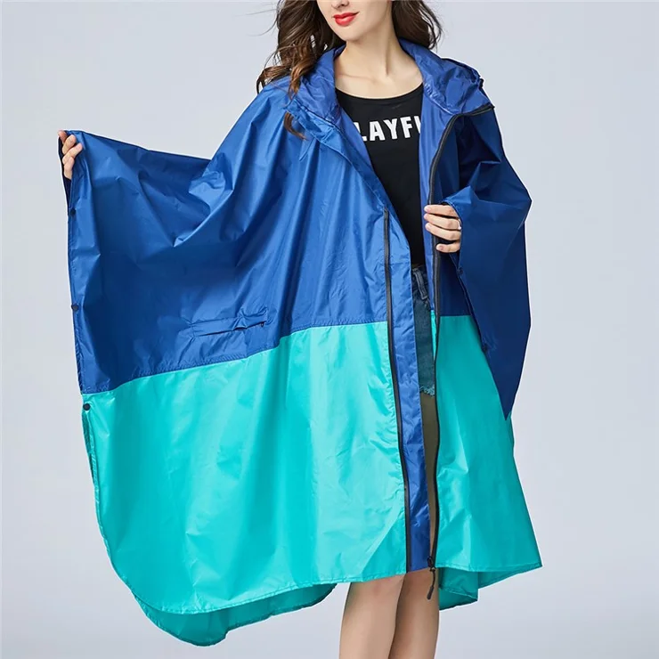7029 Hooded Rain Poncho Waterproof Raincoat Jacket for Adults Lightweight Unisex Bicycle E-Bike Raincoat, Size L - Blue / Green