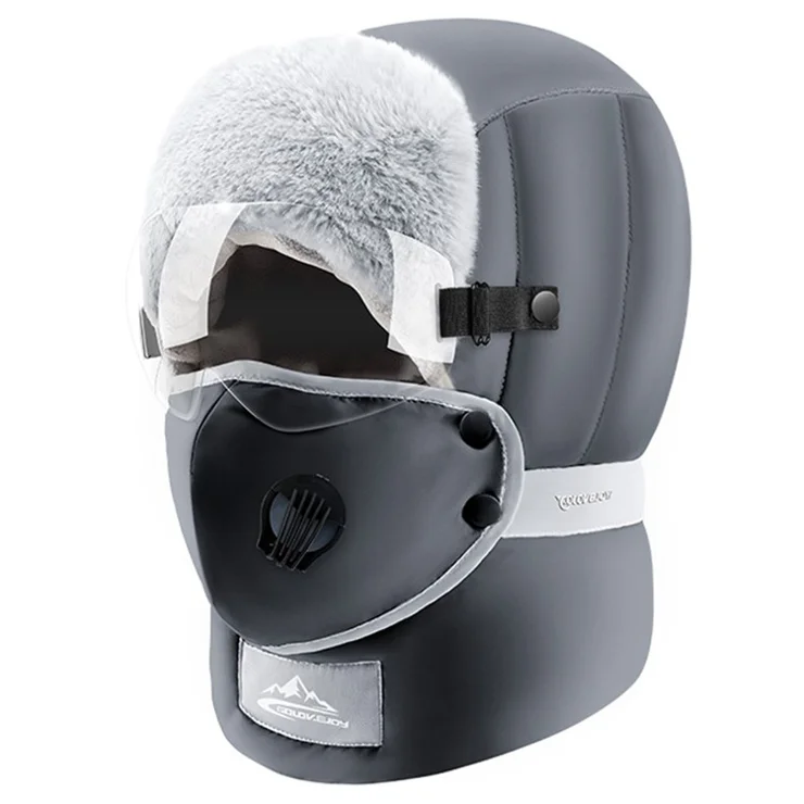GOLOVEJOY DMZ92 Windproof Winter Hat Skiing Snow Warmer Trapper Beanie Hat with Removable Goggles, Mask - Dark Grey / Transparent Goggles