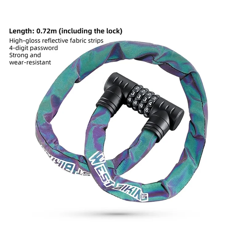 WEST BIKING YP0705112 Reflective Chain Bike Lock 4 Digits Portable E-Bike Anti Theft Password Lock - Multi-Color