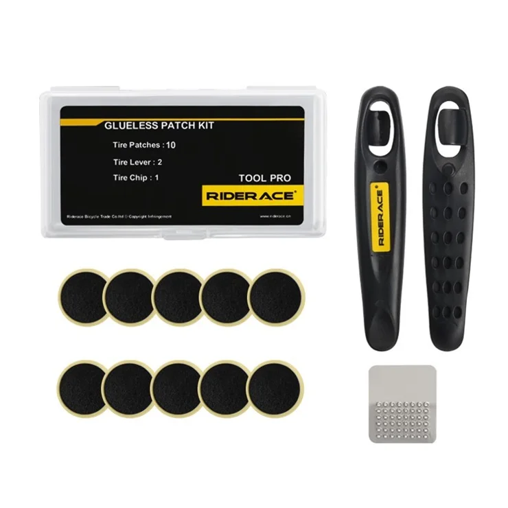 RIDERACE RR9327 Bicycle Inner Tube Tire Tool Set Glueless Patch Bike Puncture Repair Tool Kit - Black+10 Round