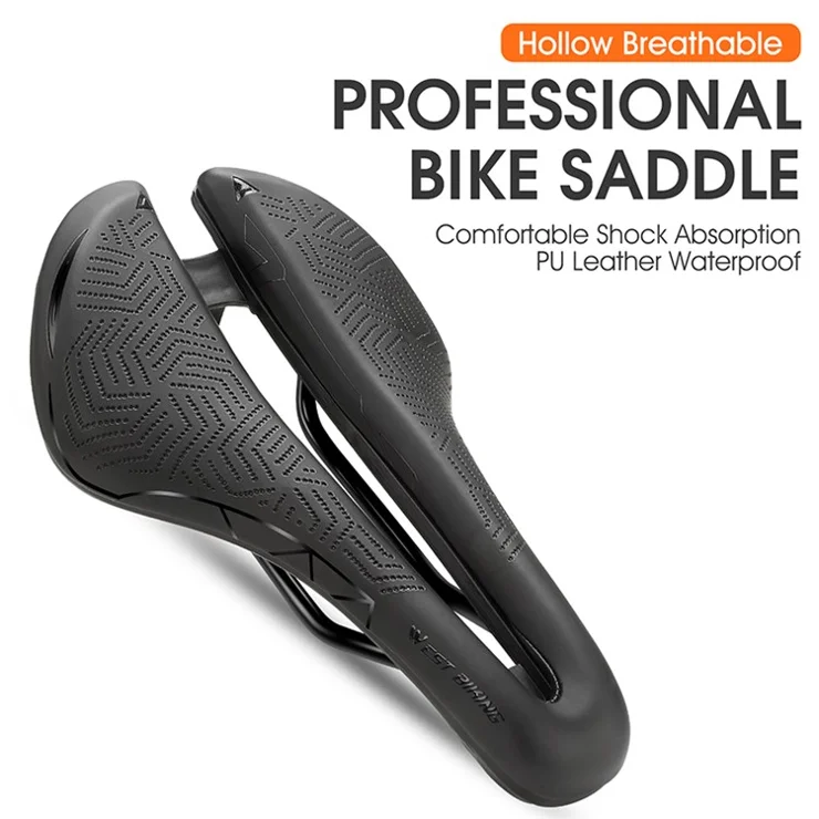 WEST BIKING YP0801136 Ultralight Road Bike Saddle Hollow Seat Cushion Waterproof Leather Cycling Saddle - Black