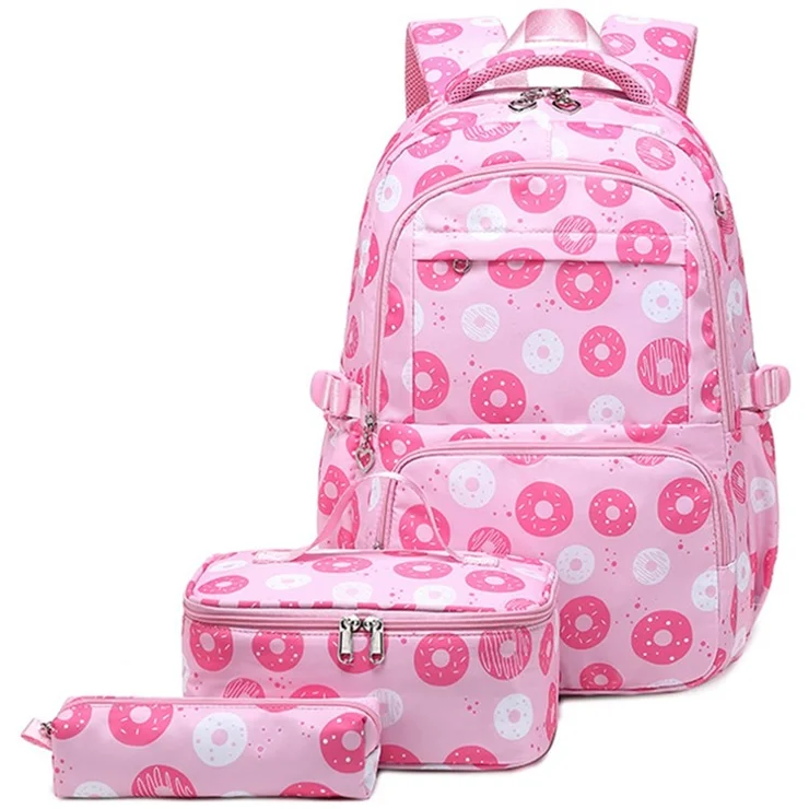 3Pcs / Set Doughnut Pattern Kids Backpack Lunch Bag Pencil Case for Teenage Girls Waterproof School Bag - Pink