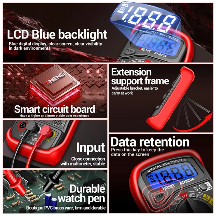 ANENG AN8204 Digital Multimeter AC / DC Voltage DC Current Resistance Diode Tester - Red