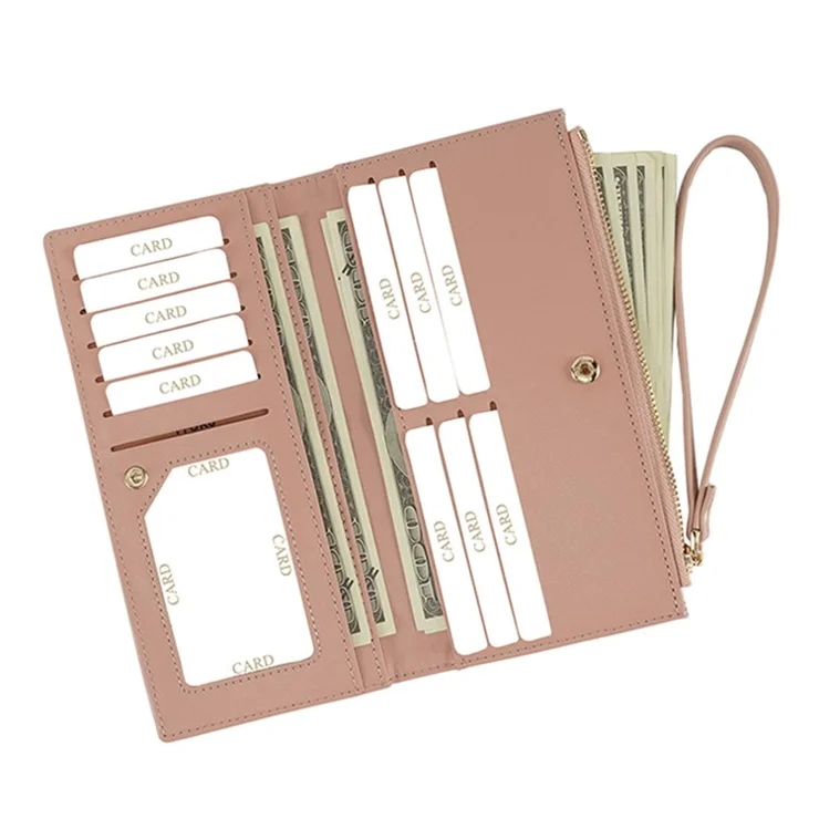 FFY FY22022-20 Women Bi-fold Long Purse PU Leather Clutch Wallet with Zipper Pocket and Wrist Strap - Grey