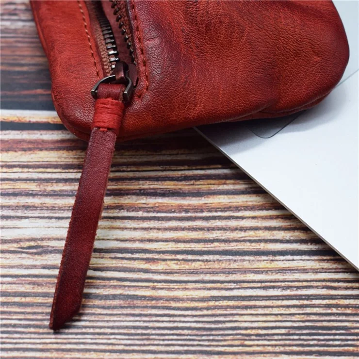 SG121 Ultra Slim Zipper Coin Purse Mini Wallet Retro Wrinkled Top Layer Cowhide Leather Card Key Holder Bag - Brown