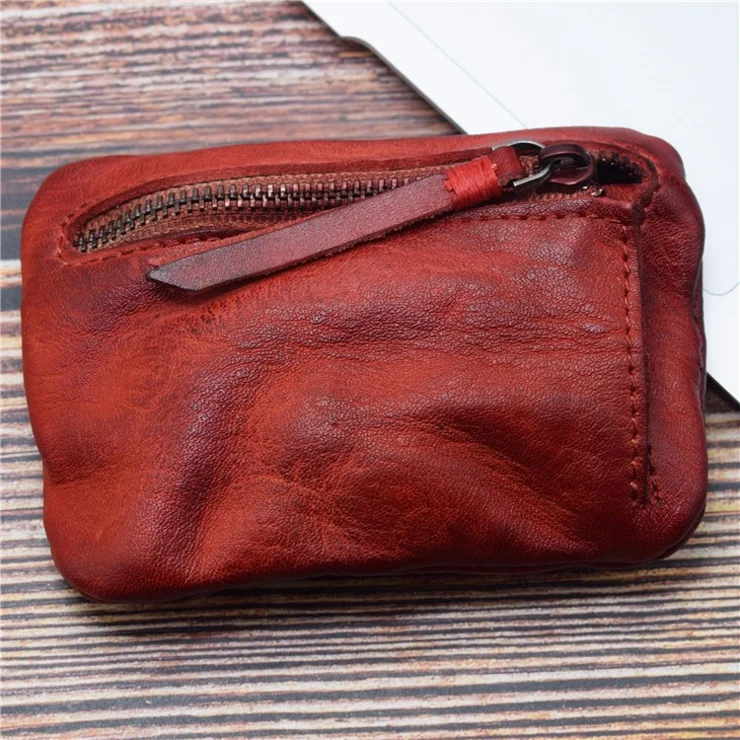 SG121 Ultra Slim Zipper Coin Purse Mini Wallet Retro Wrinkled Top Layer Cowhide Leather Card Key Holder Bag - Brown