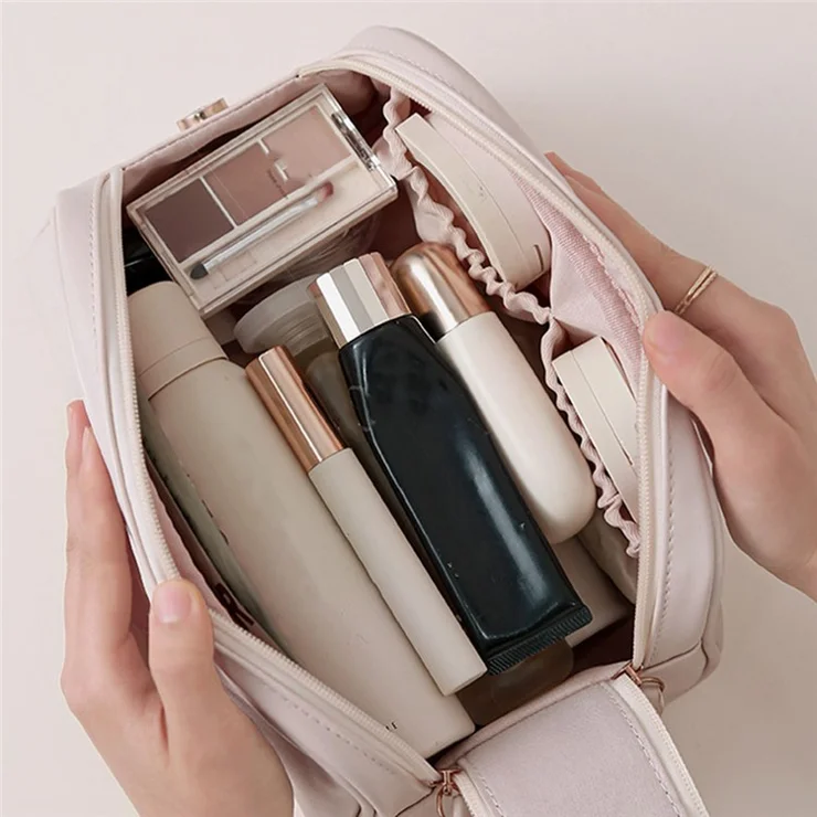 HK8301 Large Capacity Portable Makeup Cosmetics Bag Dual Zipper Portable Toiletry Organizer Bag - Black