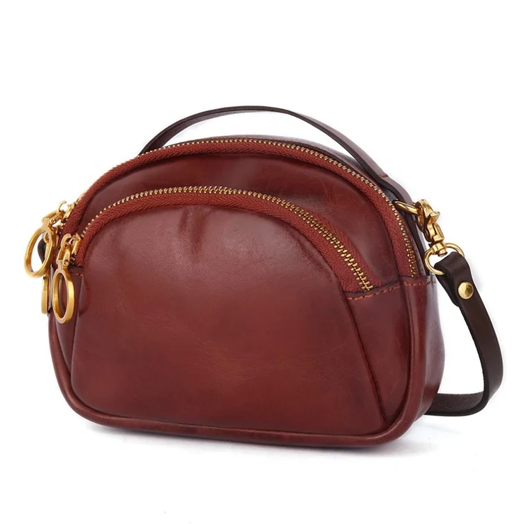 8897 Cowhide Leather Crossbody Shoulder Bag Zippered Pocket Handbag with Handle Strap for Women, Girls - Red