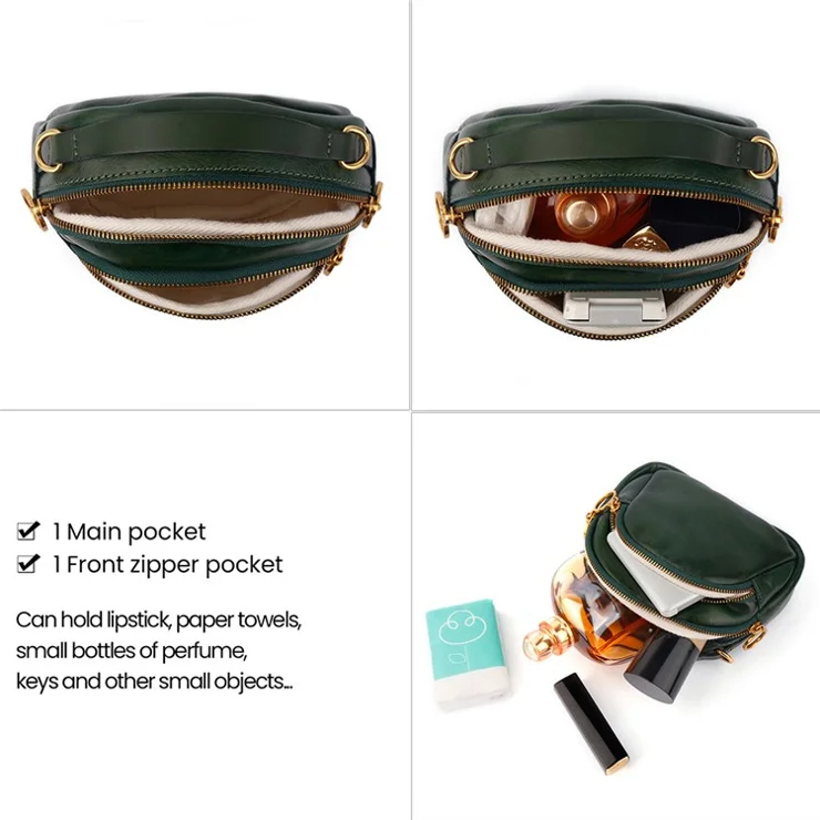 8897 Cowhide Leather Crossbody Shoulder Bag Zippered Pocket Handbag with Handle Strap for Women, Girls - Green
