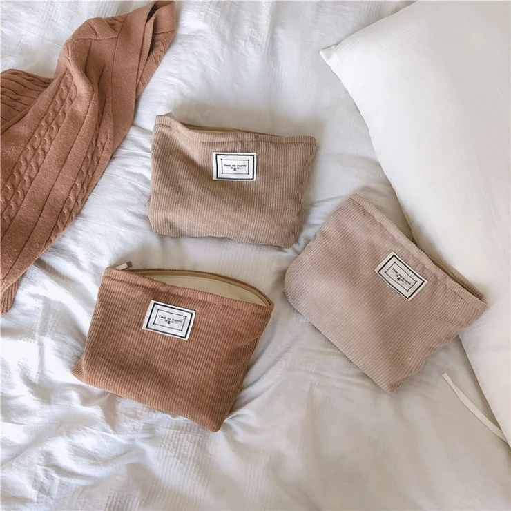 602 Corduroy Toiletries Purse Makeup Storage Pouch Cosmetic Organizer Bag Hand Carrying Pouch - Khaki