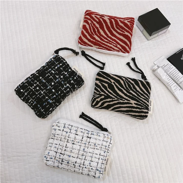 542 Canvas Coin Storage Bag Pouch Zipper Small Change Purse Card Key Holder Mini Wallet - White / Grid