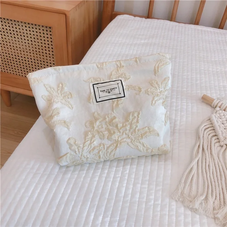 76 Canvas Makeup Cosmetic Bag Travel Organizer Embossing Flower Pattern Toiletry Travel Bag - Beige