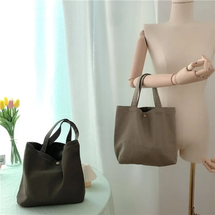 561 Solid Color Canvas Tote Bag Snap Button Small Handbag for Travel Shopping - Fluorescent Green