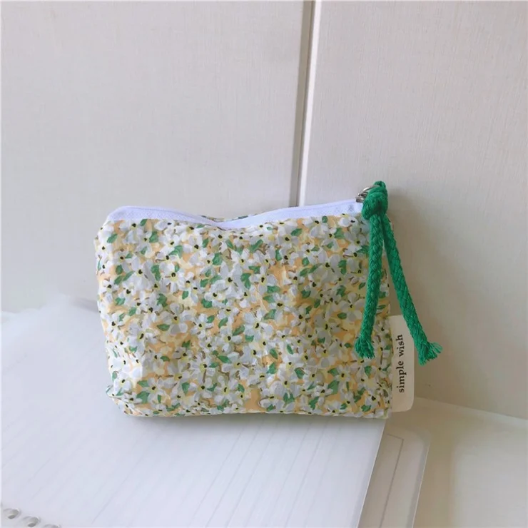 210 Mini Wallet Portable Coin Purse Zipper Small Pouch Change Card Key Storage Bag - Light Yellow Flower
