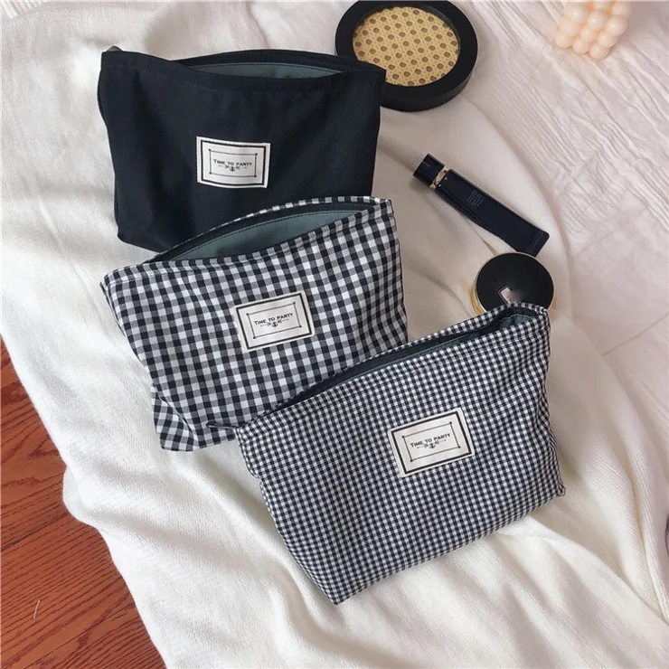631 Classic Grid Pattern Makeup Bag Women Travel Toiletry Organizer Canvas Cosmetic Pouch - Black / Coarse Grid