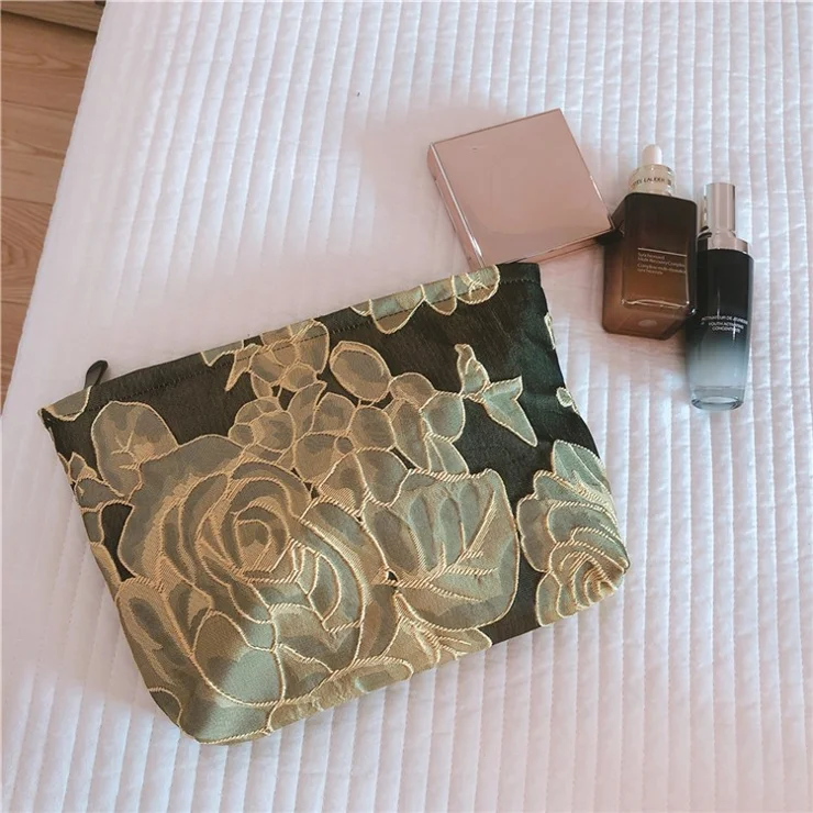 148 Women Embossed Flower Canvas Makeup Bag Travel Toiletry Organizer Cosmetic Pouch - Black / Gold