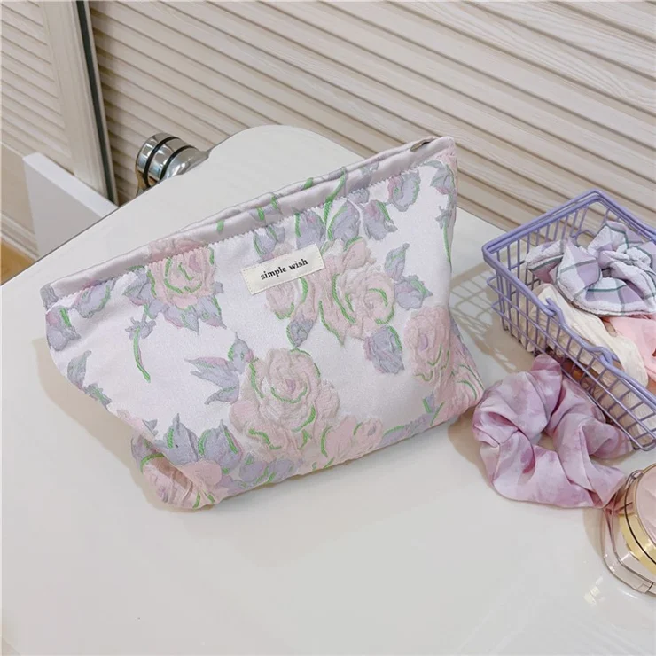 Canvas Cosmetic Bag Flower Pattern Makeup Bag Travel Toiletry Organizer Handy Bag - Pink Rose