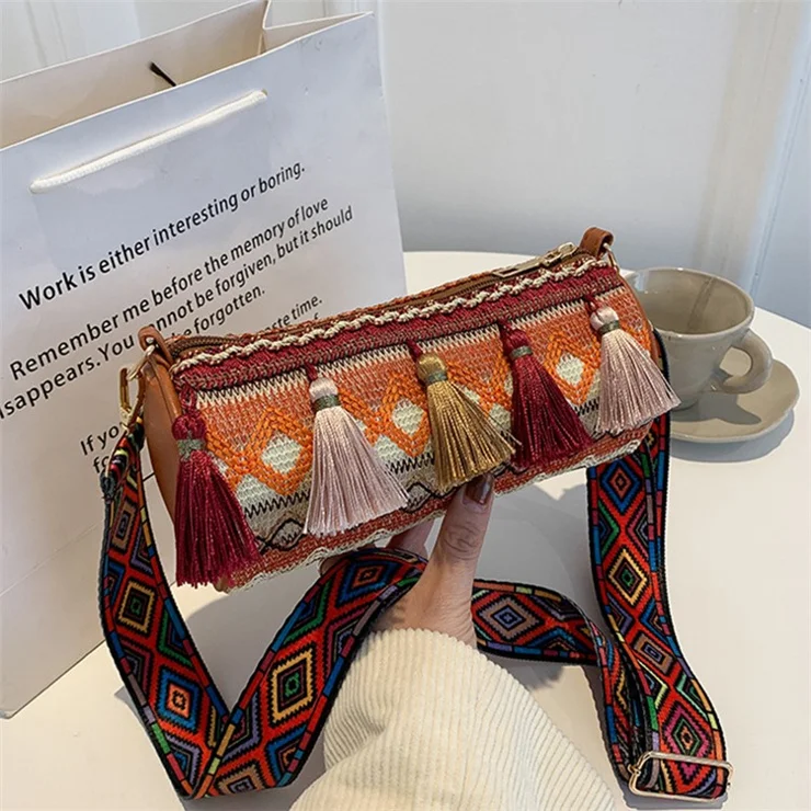 Ethnic Style Canvas Crossbody Bag Teen Girls Wallet Carrying Purse Cylinder Shape Shoulder Bag for Women Ladies - Brown