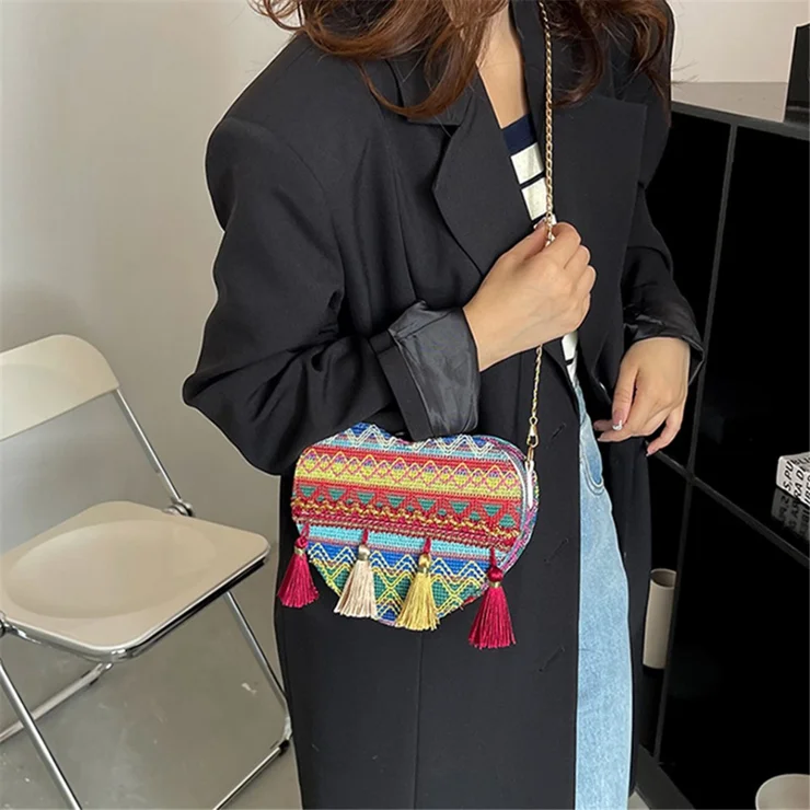 Bolso de Hombro con Cadena en Forma de Corazón, Estilo Étnico