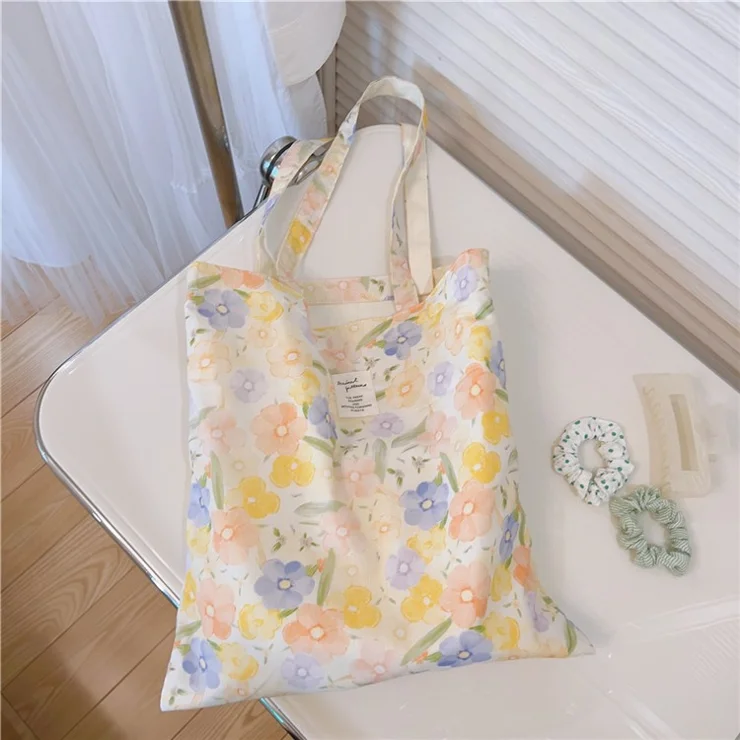 Pattern Printing Cotton+Canvas Bag Large Capacity Shoulder Bag for Shopping Office School - Yellow Orange / Flower