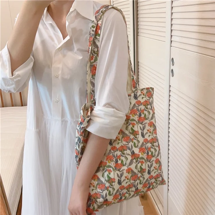 Floral Pattern Cotton+Canvas Bag Large Capacity Women Shoulder Bag for Shopping Office School - White / Orange Big Flower