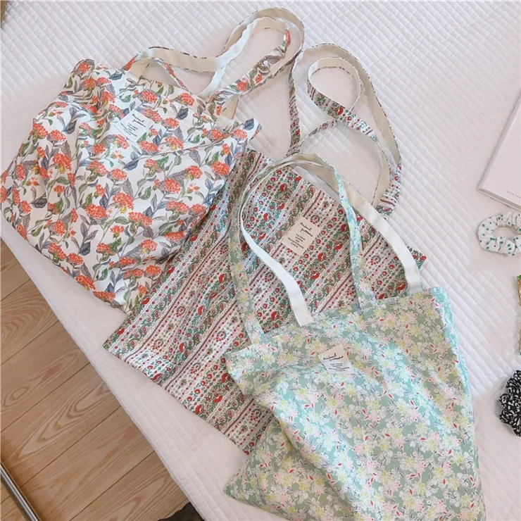 Floral Pattern Cotton+Canvas Bag Large Capacity Women Shoulder Bag for Shopping Office School - Green / Orange Flower