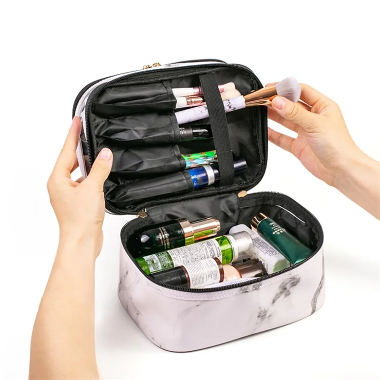 Dual Layer Pattern Cosmetic Bag Transparent PVC Toiletry Bag Zipper Makeup Organizer - Pink Diamond Texture