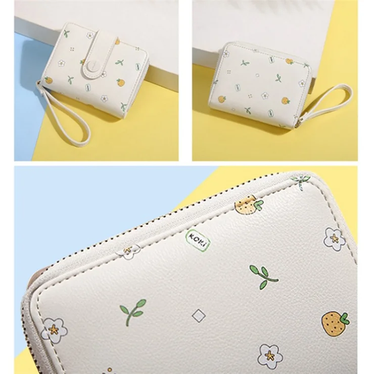 Pattern Printed PU Leather Short Wallet Zipper Pocket Coin Purse Card Bag - Milk Tea