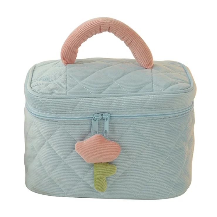 Cosmetic Storage Bag Makeup Container Organizer Corduroy Handbag, Square Shape with Handle - Blue