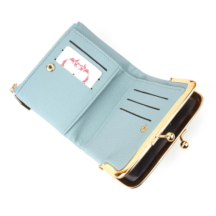 BAELLERRY N8632 PU Leather Women Bi-fold Short Wallet Kiss Lock Zipper Purse - Baby Blue
