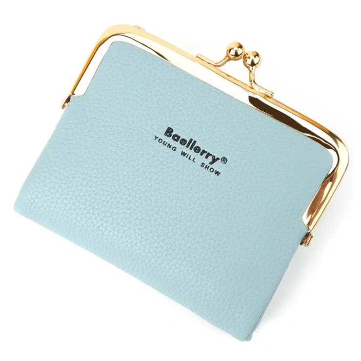 BAELLERRY N8632 PU Leather Women Bi-fold Short Wallet Kiss Lock Zipper Purse - Baby Blue