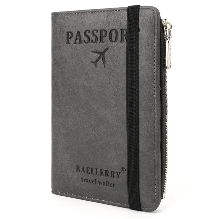 BAELLERRY K2392 Passport Holder PU Leather RFID Blocking Passport Cover Travel Wallet Case with Zipper Pocket - Dark Grey