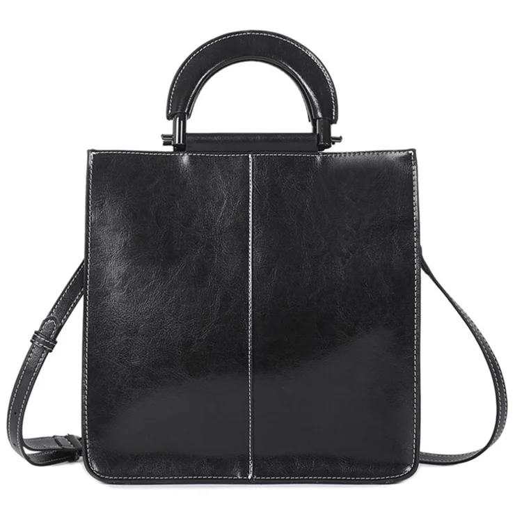 55711 Solid Color Tote Handbag Women Cowhide Leather Crossbody Shoulder Bag for Shopping Dating - Black