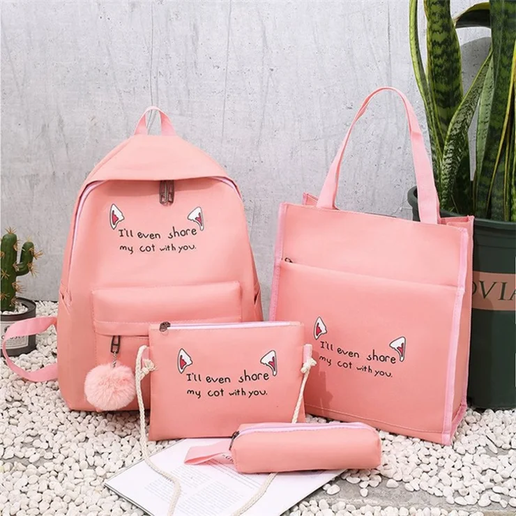 4Pcs Casual Student School Backpack Set Tote Sling Shoulder Bag Pencil Case Canvas Travel Bag Kit - Pink