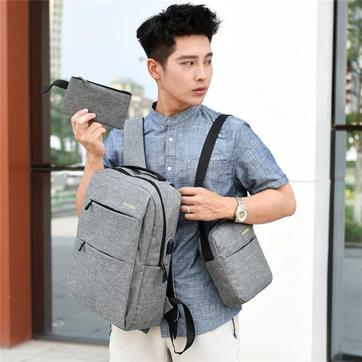 Backpack USB Charging Oxford Cloth Shoulders Bag with Small Pouch + Sling Bag - Black