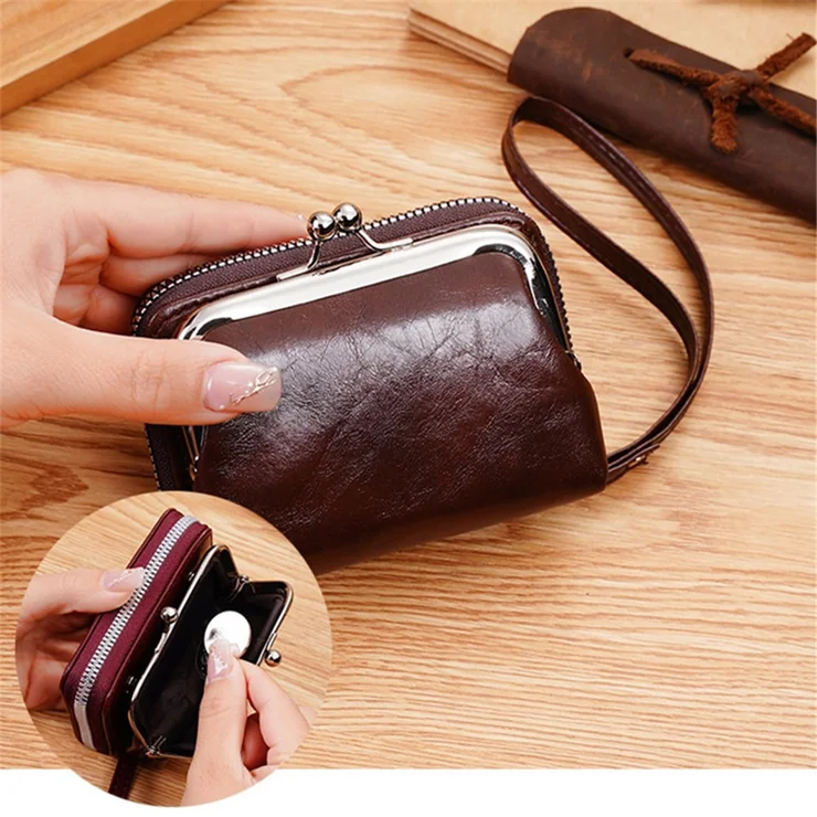 Leather Clutch Bag Kiss Lock Clasp Wallet Women's Mini Wallet