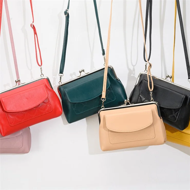 6153 Kiss Lock Design Crossbody Bag Soft PU Leather Shoulder Bag Handbag Daypack - Black