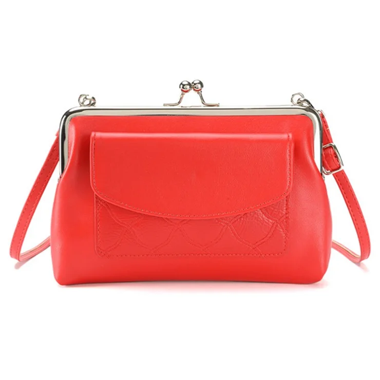 6153 Kiss Lock Design Crossbody Bag Soft PU Leather Shoulder Bag Handbag Daypack - Red