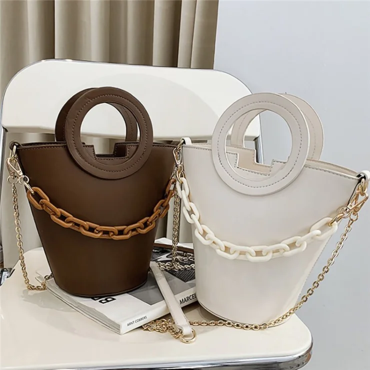Chain Decor Women Crossbody Bag PU Leather Bucket Bag with Round Handle - Coffee