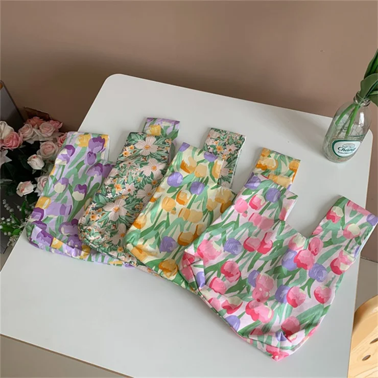 TZ Flower Pattern Cotton Linen Women Tote Bag Portable Mini Handbag for Cash, Keys, Cell Phone - Purple Tulip