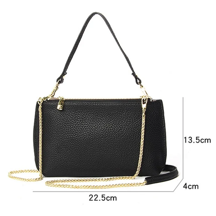 669 Zipper Top-Layer Cowhide Leather Wallet Clutch Purse Chain Strap Crossbody Shoulder Bag Handbag - Blue