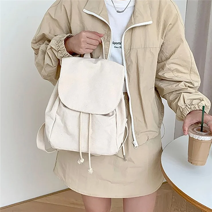 3520 Drawstring Design Student Bookbag Canvas Travel Shoulders Bag Backpack Daypack - Beige
