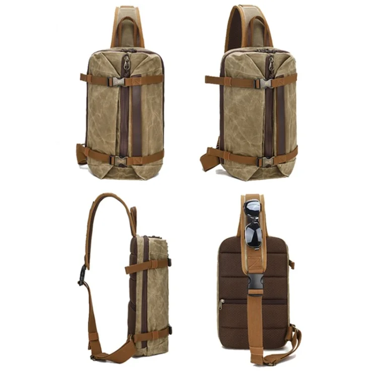Retro Men Waxed Canvas+Cowhide Chest Bag Breathable Single Shoulder Crossbody Bag - Blue