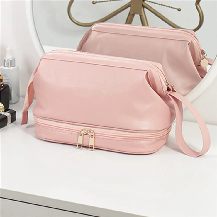 23 x 13 x 16cm Portable PU Makeup Cosmetic Storage Bag with Lower Pouch, Zip Travel Toiletry Bag Organizer, Size: L - Coffee