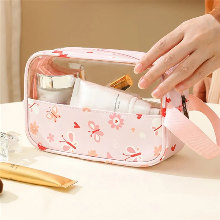 3Pcs / Set Transparent PVC + PU Leather Cosmetic Bag Travel Toiletry Pouch - Pink Butterfly