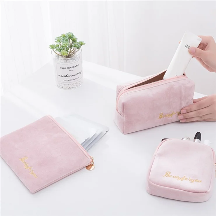 4Pcs / Set Travel Cosmetic Bag Soft Flocking Makeup Brush Lipstick Storage Bag - Peacock Blue