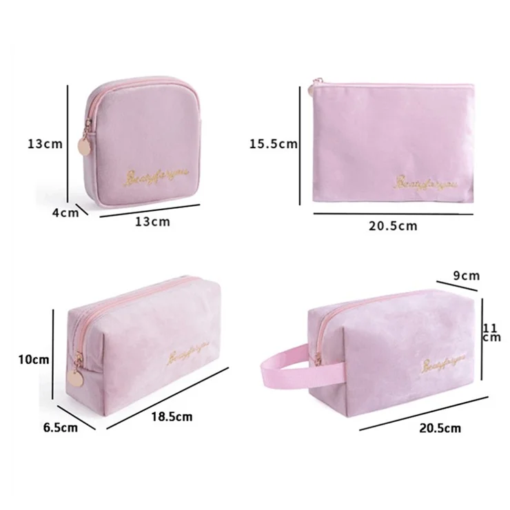 4Pcs / Set Travel Cosmetic Bag Soft Flocking Makeup Brush Lipstick Storage Bag - Peacock Blue
