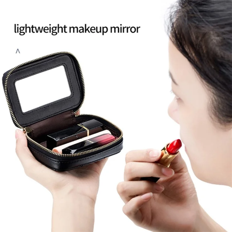 Top-Layer Cowhide Leather Travel Lipstick Storage Bag Mirror Design Zipper Makeup Bag - Yellow