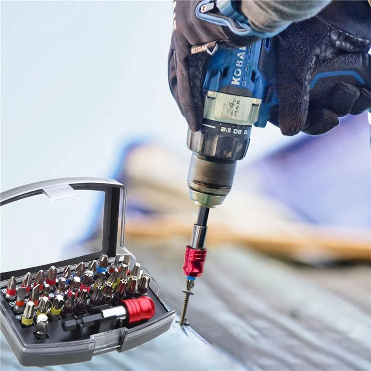 32Pcs / Set S2 Steel Electric Screwdriver Short Bit Slotted Phillips Pozidriv Torx Hexagon Bits Extension Rod Kit